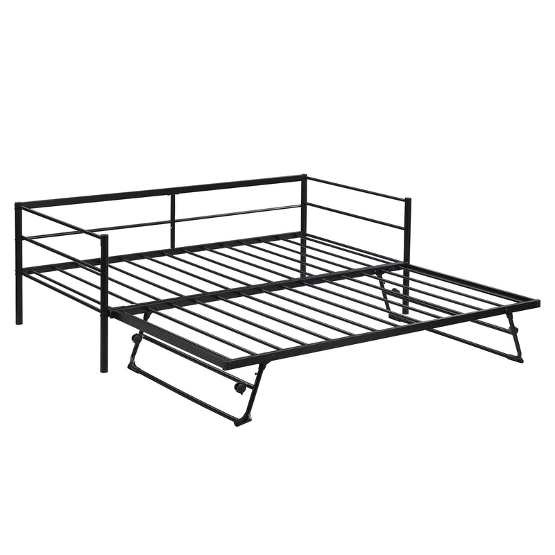 Twin Size Metal Daybed With Adjustable Trundle, Pop Up Trundle, Black