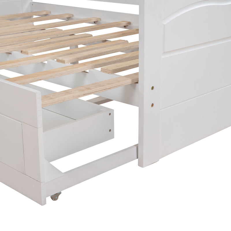 Wooden Daybed With Trundle Bed And Two Storage Drawers, Extendable Bed Daybed, Sofa Bed With Two Drawers, White