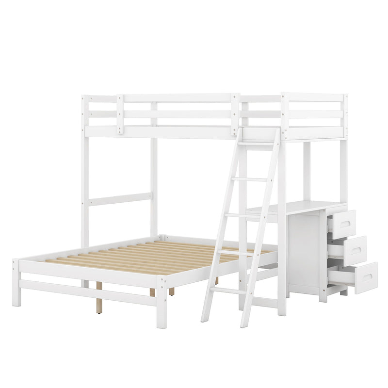 Twin Over Full Bunk Bed With Built - In Desk And Three Drawers, White