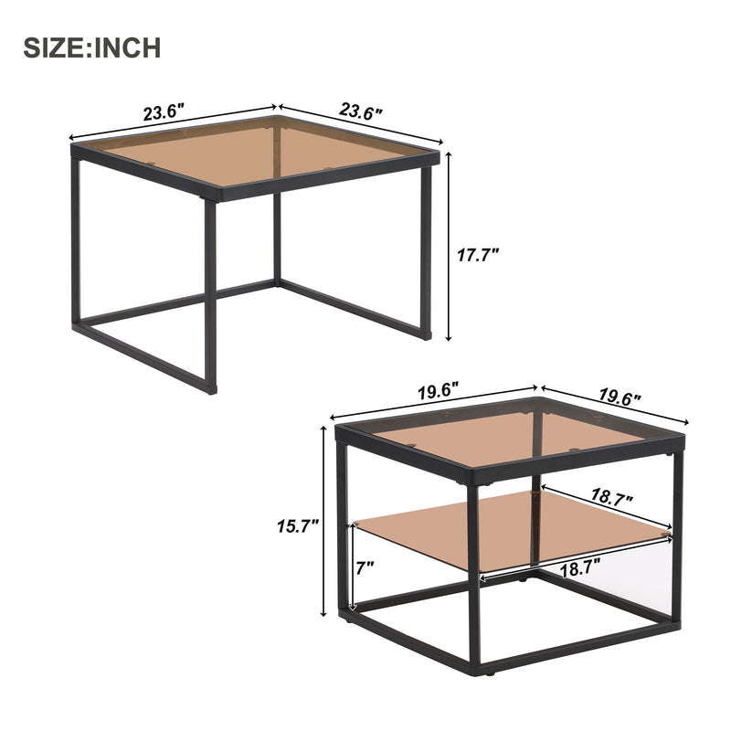 On-Trend Modern Nested Coffee Table Set With High-Low Combination Design, Brown Tempered Glass Cocktail Table With Metal Frame, Length Adjustable 2-Tier Center & End Table For Living Room, Black