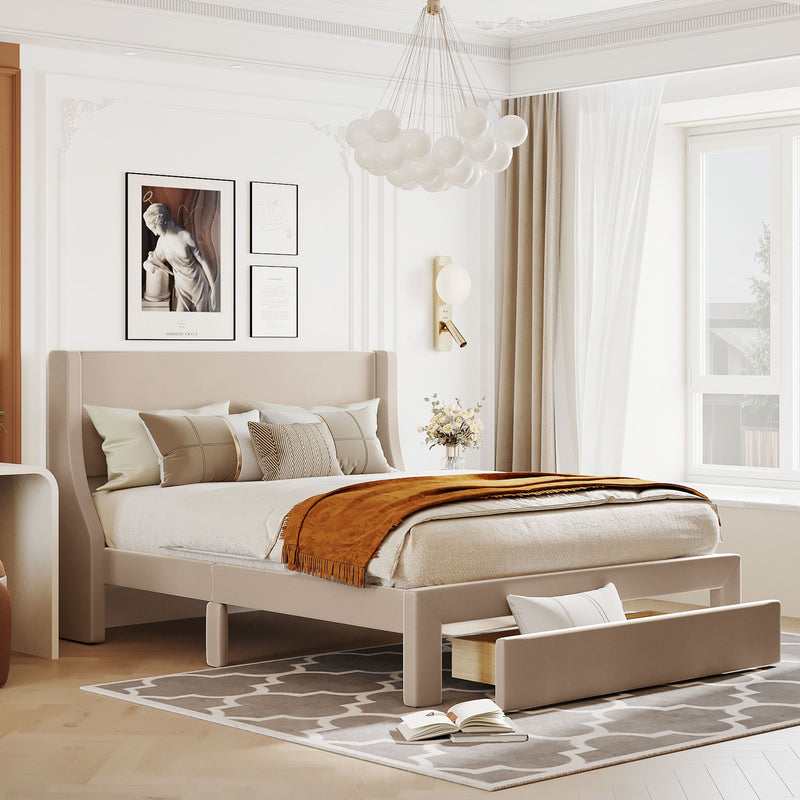 Queen Size Storage Bed Velvet Upholstered Platform Bed With A Big Drawer - Beige