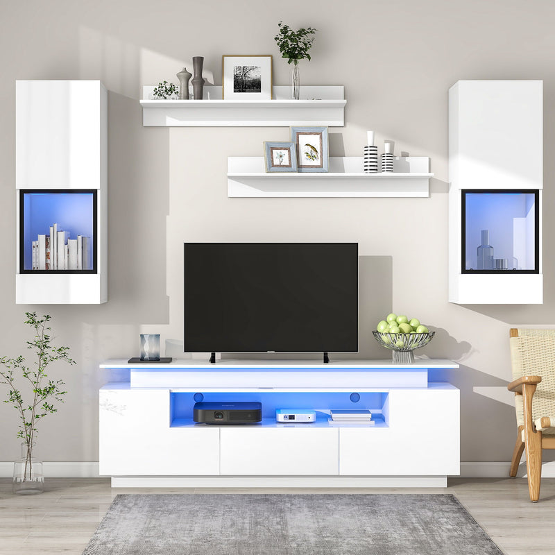 On-Trend Stylish Functional TV Stand, 5 Pieces Floating TV Stand Set, High Gloss Wall Mounted Entertainment Center With 16 - Color LED Light Strips For 75/" TV, White