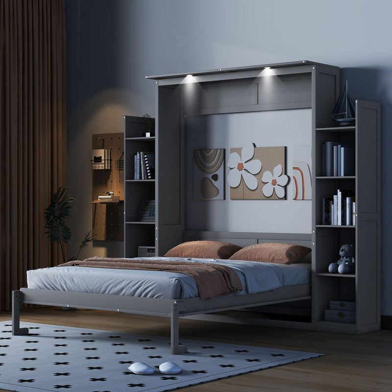 Queen Size Murphy Bed Wall Bed With Shelves And Led Lights, Gray