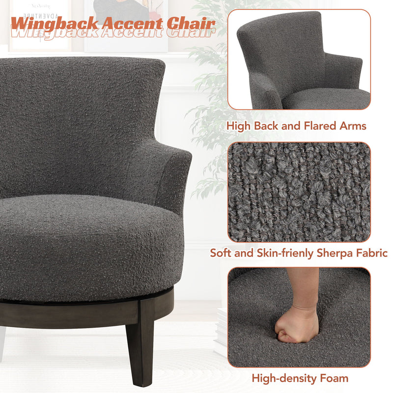360 Degree Swivel Chair Wingback Accent Chair Elegant Upholstered Seating Durable Rubberwood Legs For Any Space, Dark Gray