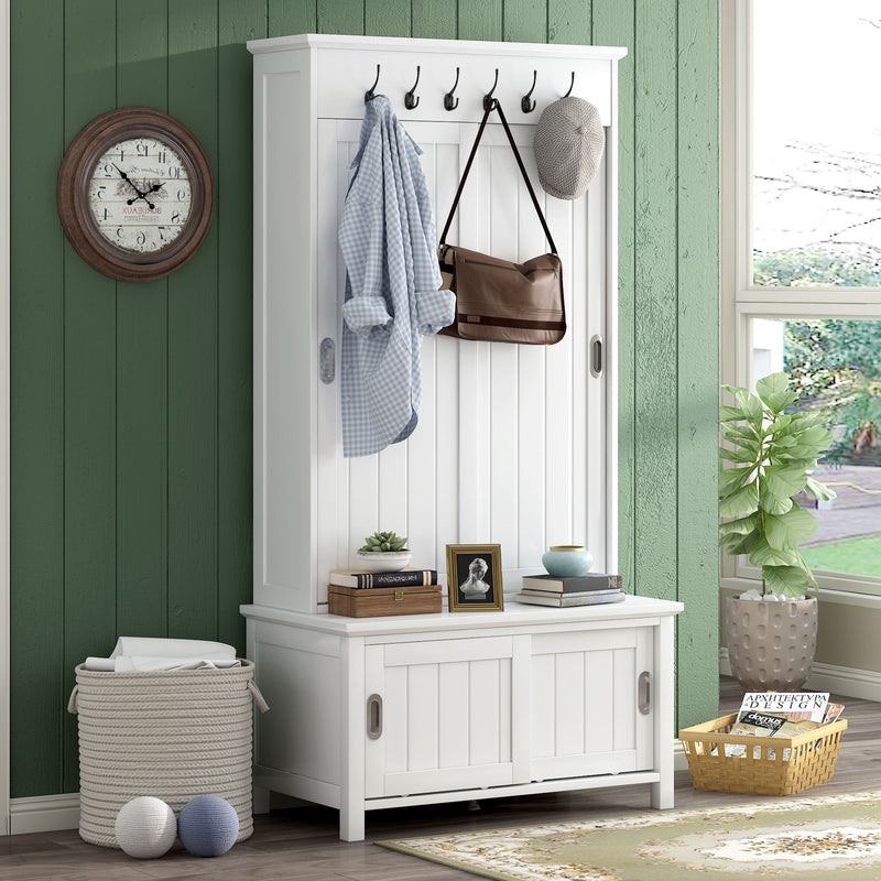On-Trend Multifunctional Hall Tree With Sliding Doors, Wooden Hallway Shoe Cabinet With Storage Bench And Shelves, Mudroom Coat Storage With Hanging Hooks For Entryways, White