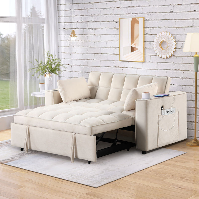 55.3" 4-1 Multi-Functional Sofa Bed With Cup Holder And Usb Port For Living Room Or Apartments Milky White