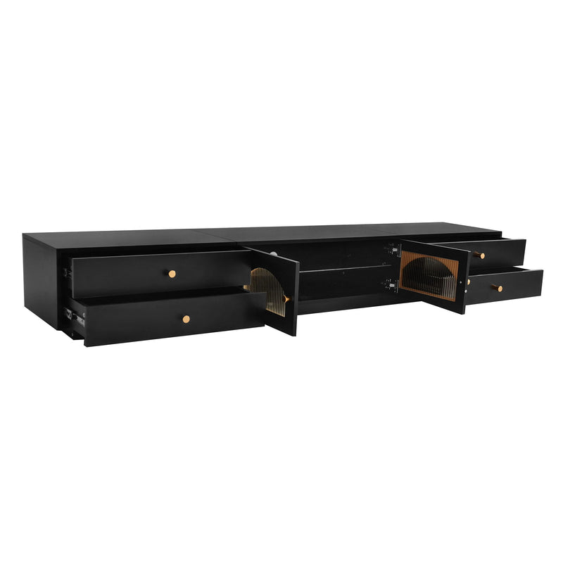 On-Trend Luxurious TV Stand With Fluted Glass Doors, Elegant And Functional Media Console For TVs Up To 90'', Tempered Glass Shelf TV Cabinet With Multiple Storage Options, Black