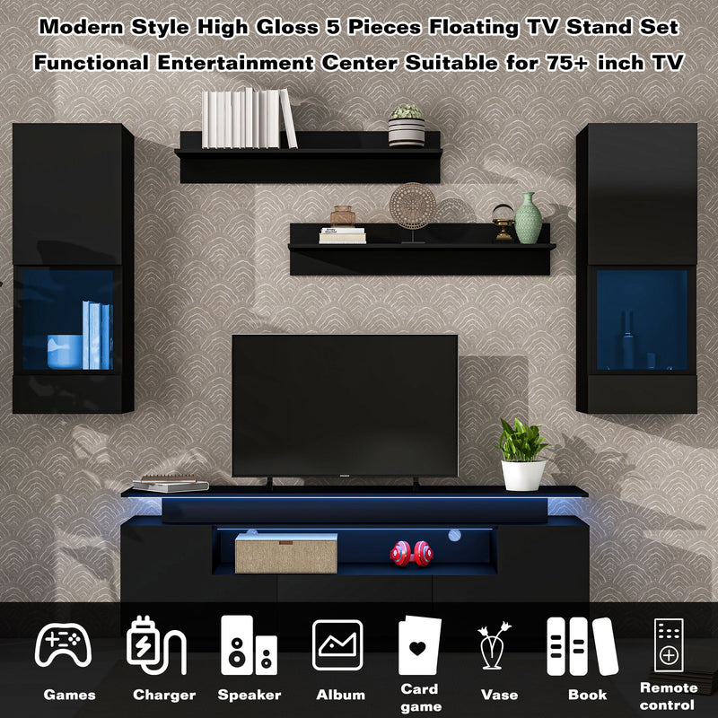 On-Trend Stylish Functional TV Stand, 5 Pieces Floating TV Stand Set, High Gloss Wall Mounted Entertainment Center With 16 - Color LED Light Strips For 75/" TV, Black