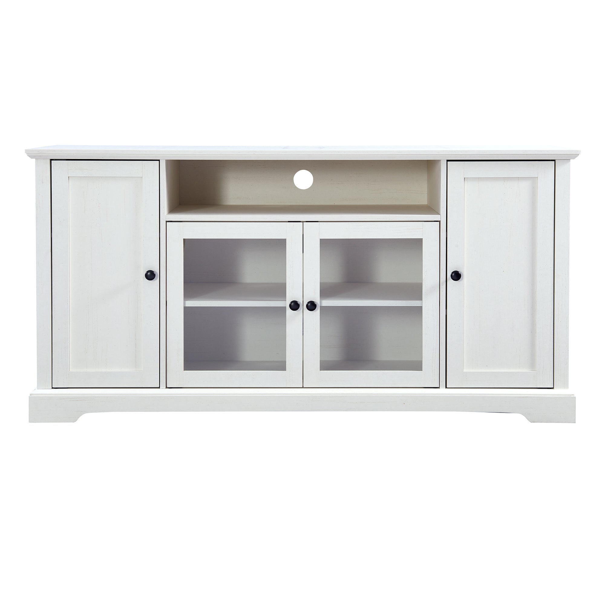 U-Can TV Stand for TV up to 65in with 2 Tempered Glass Doors Adjustable Panels Open Style Cabinet, Sideboard for Living room, White - Atlantic Fine Furniture Inc