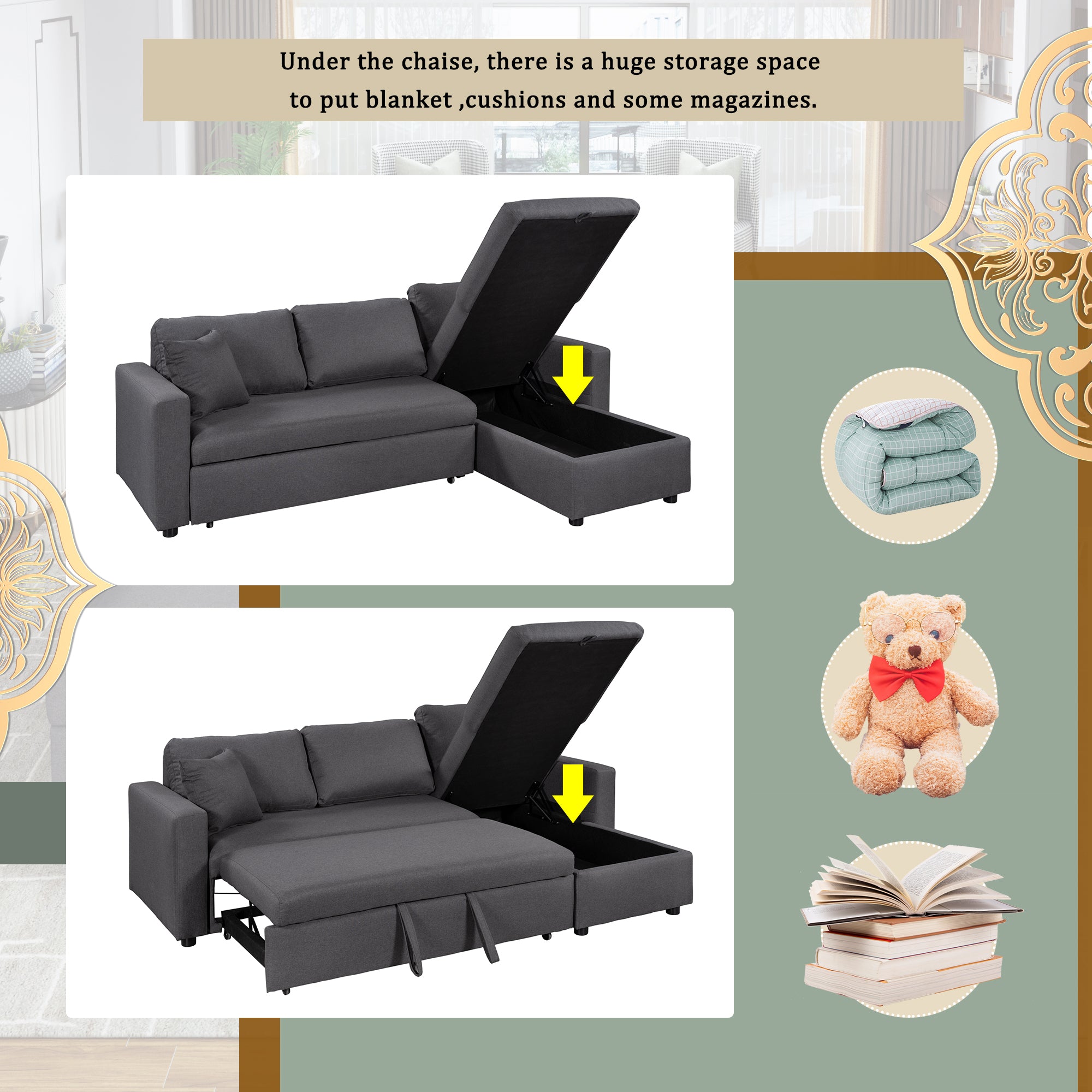 U_STYLE Upholstery  Sleeper Sectional Sofa Grey with Storage Space, 2 Tossing Cushions - Atlantic Fine Furniture Inc