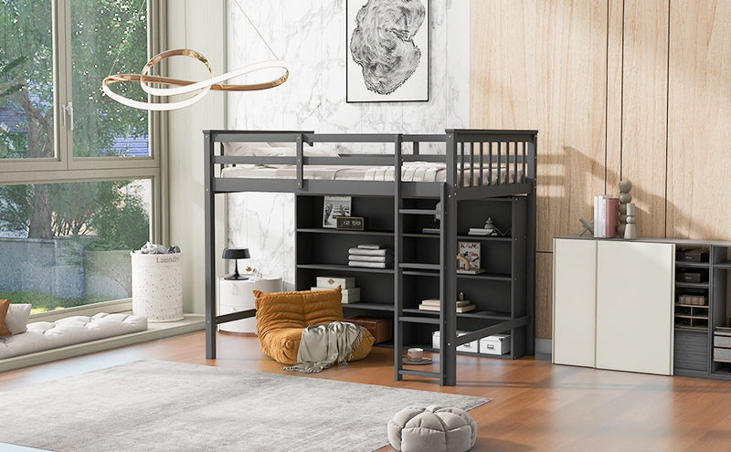 Twin Size Loft Bed With 8 Open Storage Shelves And Built-In Ladder, Gary