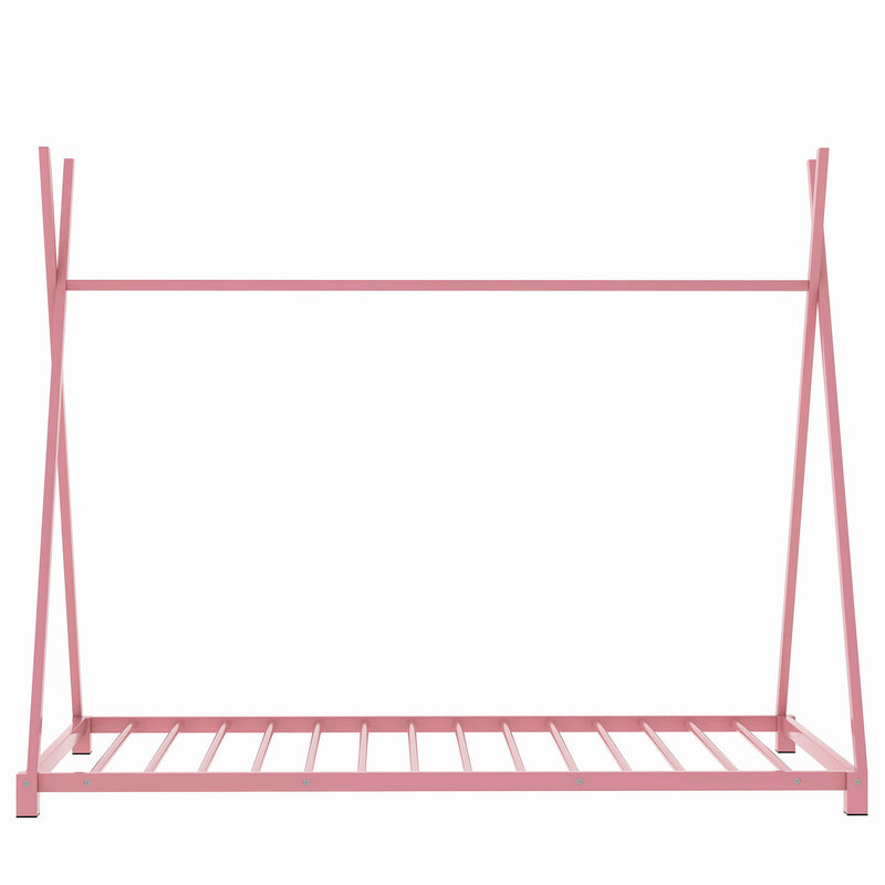 Metal Twin Size House Platform Bed With Triangle Structure, Pink