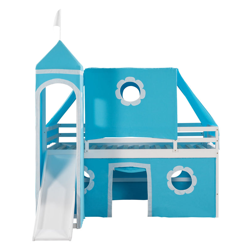 Twin Size Bunk Bed With Slide Blue Tent And Tower - Blue