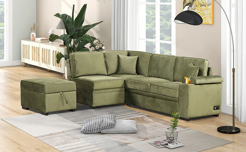 87.4" Sleeper Sofa Bed, 2 In 1 Pull Out Sofa Bed L Shape Couch With Storage Ottoman For Living Room, Bedroom Couch And Small Apartment, Green