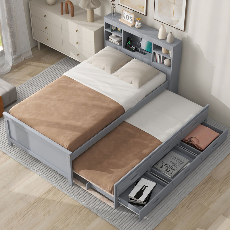 Twin Size Platform Bed With Storage Headboard, USB, Twin Size Trundle And 3 Drawers, Gray