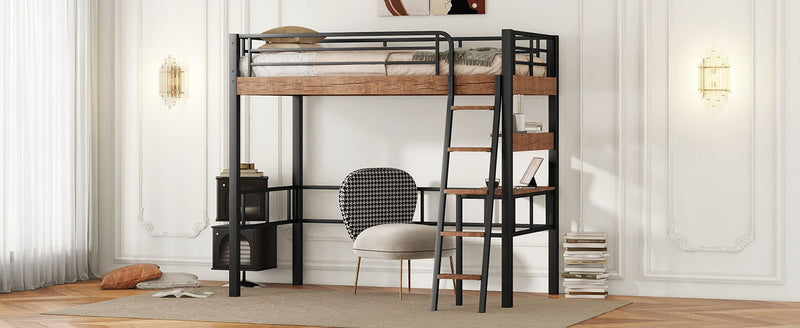 Metal Twin Size Loft Bed With Built - In Desk, Storage Shelf And Ladder, Black