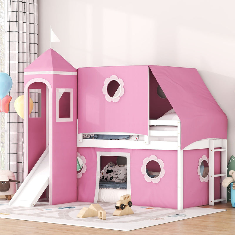 Twin Size Bunk Bed With Slide Pink Tent And Tower - Pink