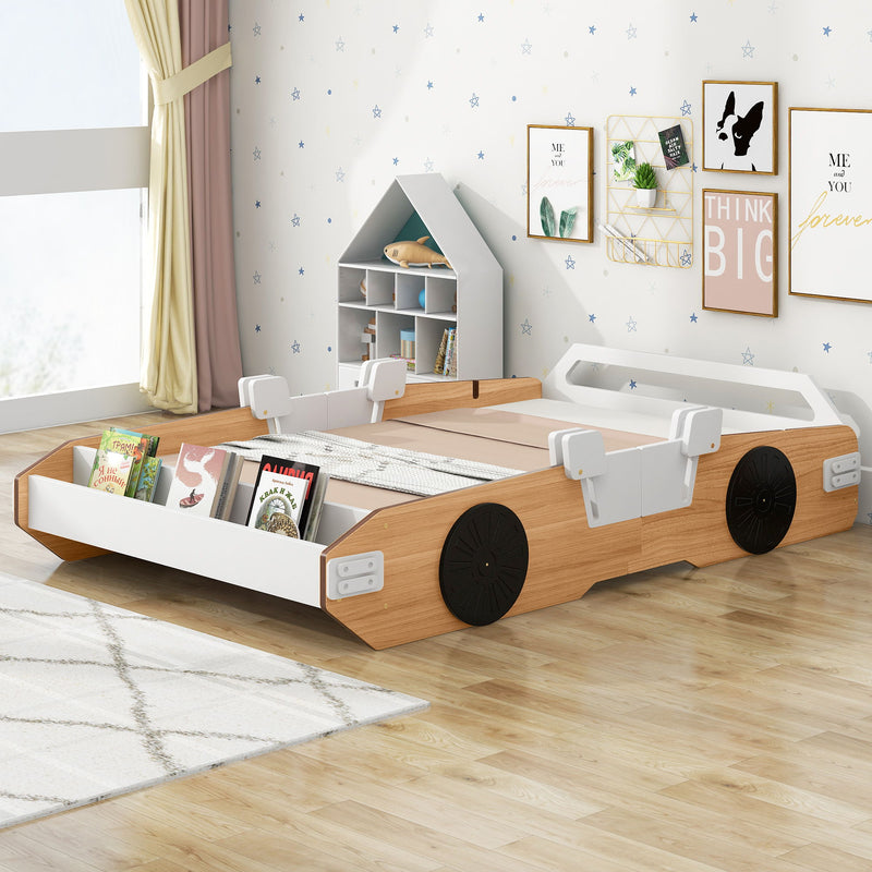 Wood Twin Size Racing Car Bed With Door Design And Storage, Natural + White + Black