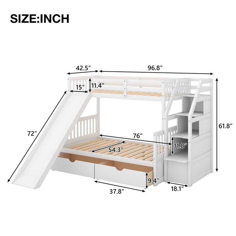 Twin Over Full Bunk Bed With Drawers, Storage And Slide, Multifunction, White