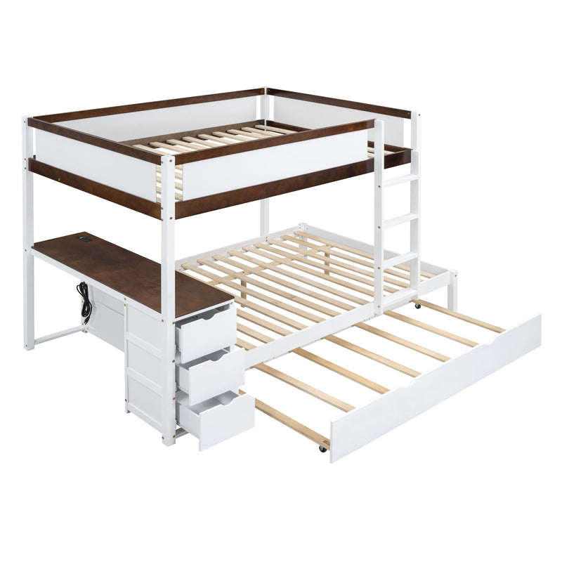Full-Over-Full Bunk Bed With Twin Size Trundle, Storage And Desk, White / Walnut