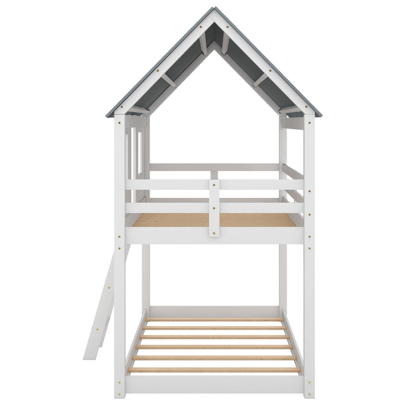 Twin Over Twin Size Low Bunk Beds With Roof And Fence Shaped Guardrail, White