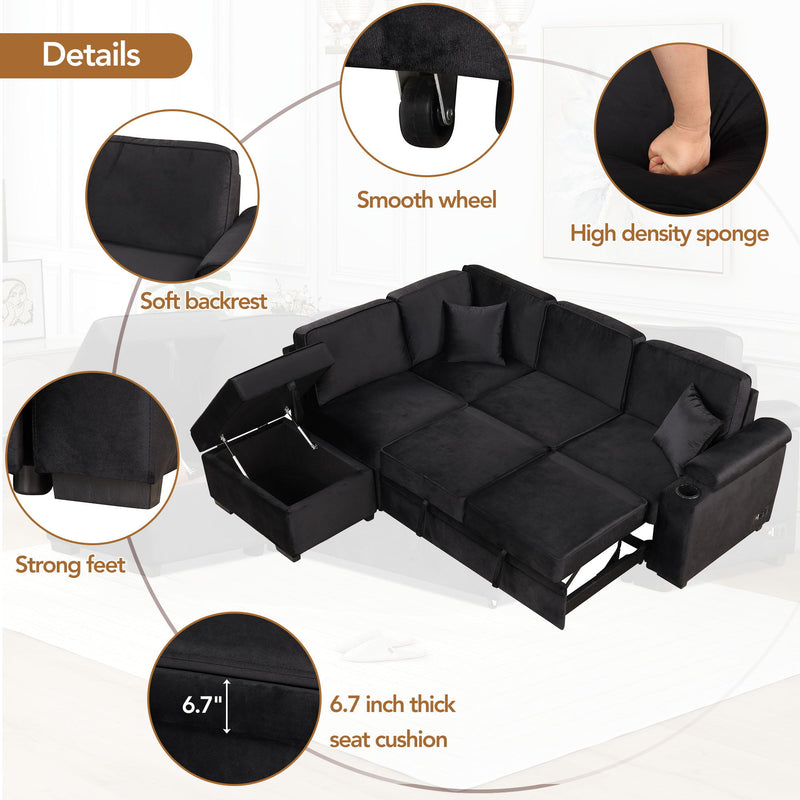 87.4" Sleeper Sofa Bed, 2 In 1 Pull Out Sofa Bed L Shape Couch With Storage Ottoman For Living Room, Bedroom Couch And Small Apartment, Black