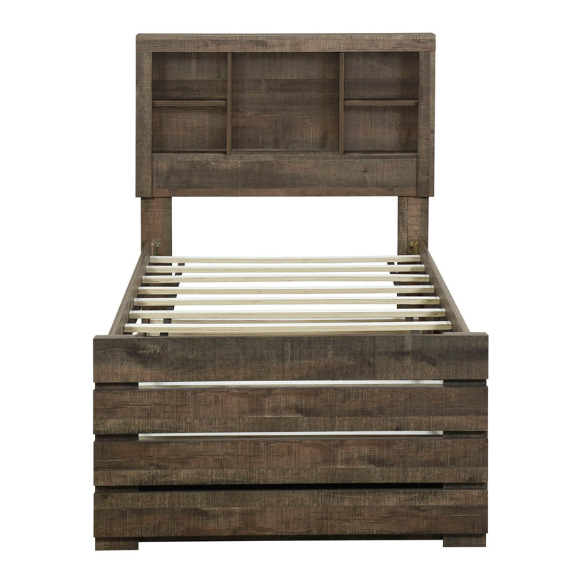 Farmhouse Style Twin Size Bookcase Captain Bed With Three Drawers And Trundle, Rustic Brown