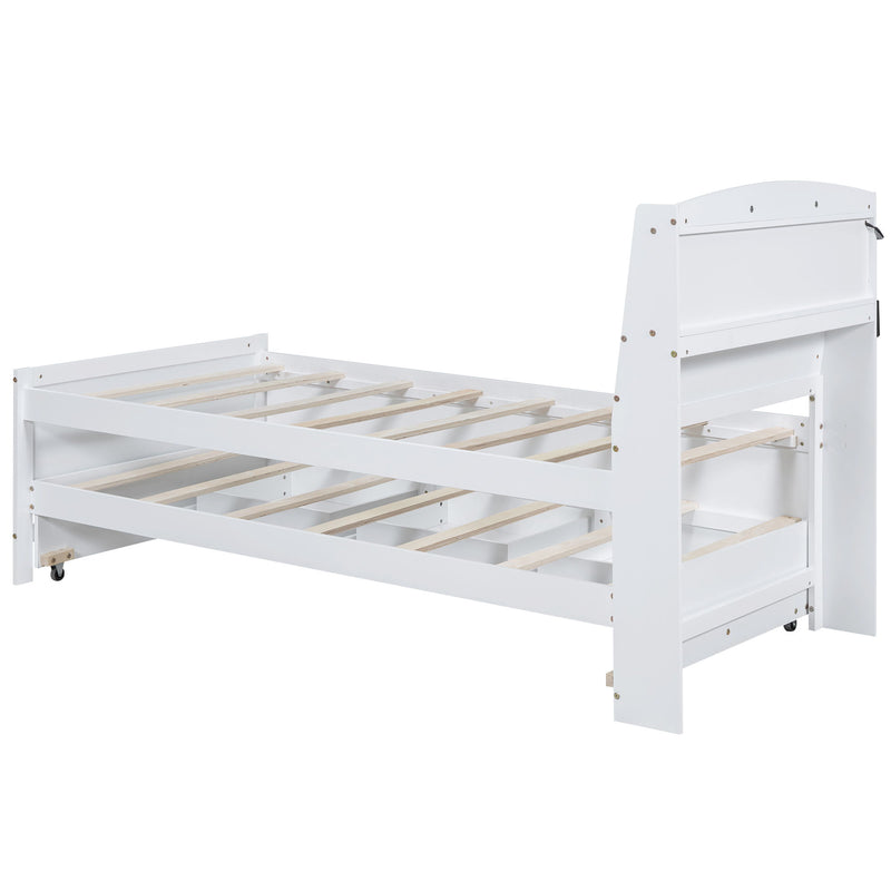 Twin Size Platform Bed With Storage Led Headboard, Twin Size Trundle And 3 Drawers, White