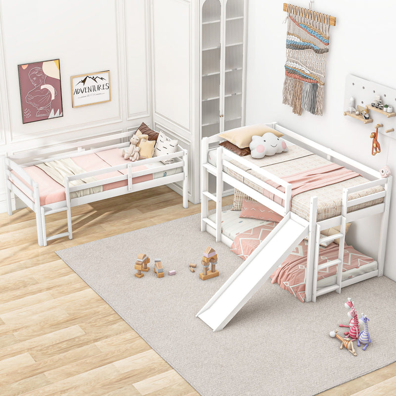 Twin Over Twin Over Twin Adjustable Triple Bunk Bed With Ladder And Slide - White