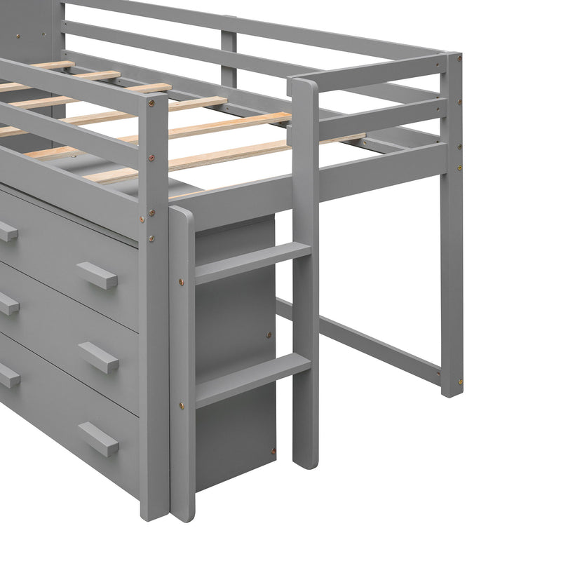 Twin Size Loft Bed With Cabinet And Shelf - Gray