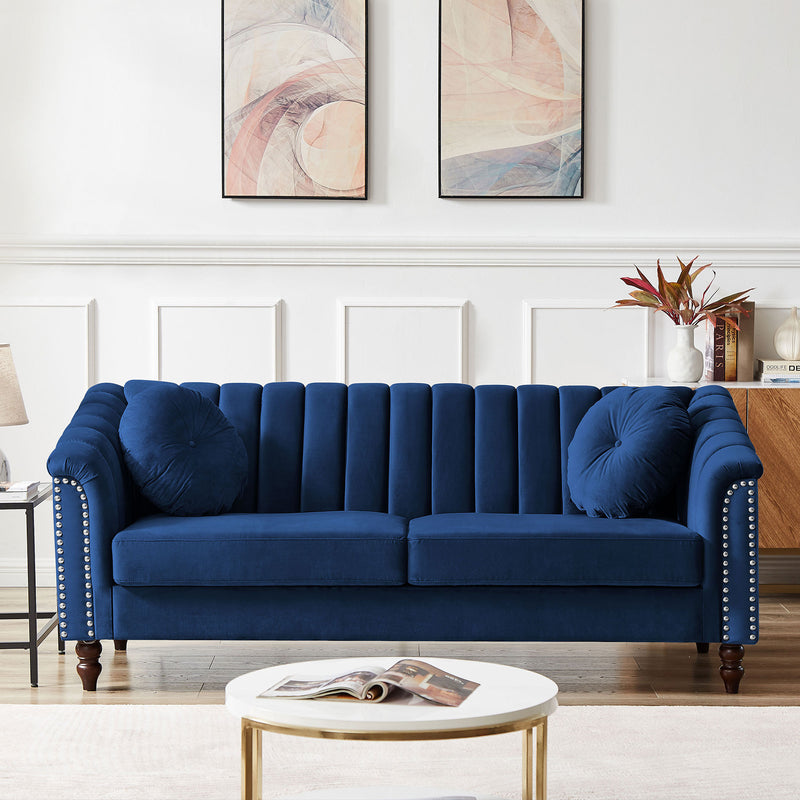 MH Modern Velvet Upholstered Sofa Couch, 3 Seat Tufted Back with Nail Arms, Solid wood Legs, Sleeper Sofa for Living Room, Compact Living Space, Apartment, Bonus Room, Blue