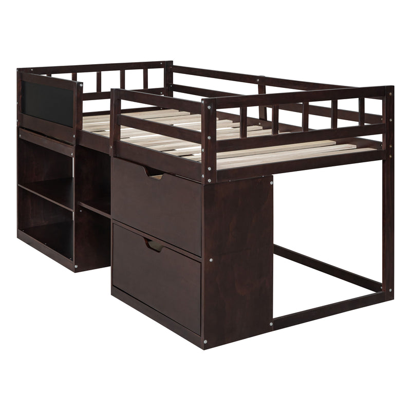 Twin Size Low Loft Bed With Rolling Desk, Shelf And Drawers - Espresso