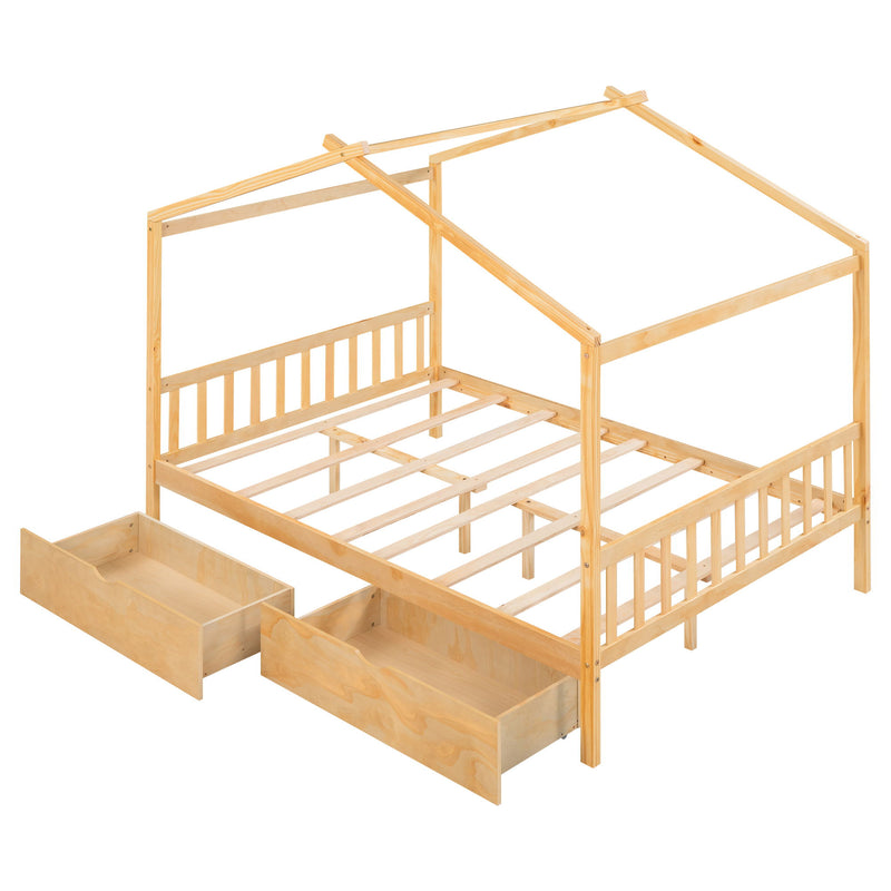 Full Size House Platform Bed With Two Drawers, Headboard And Footboard, Roof Design, Natural