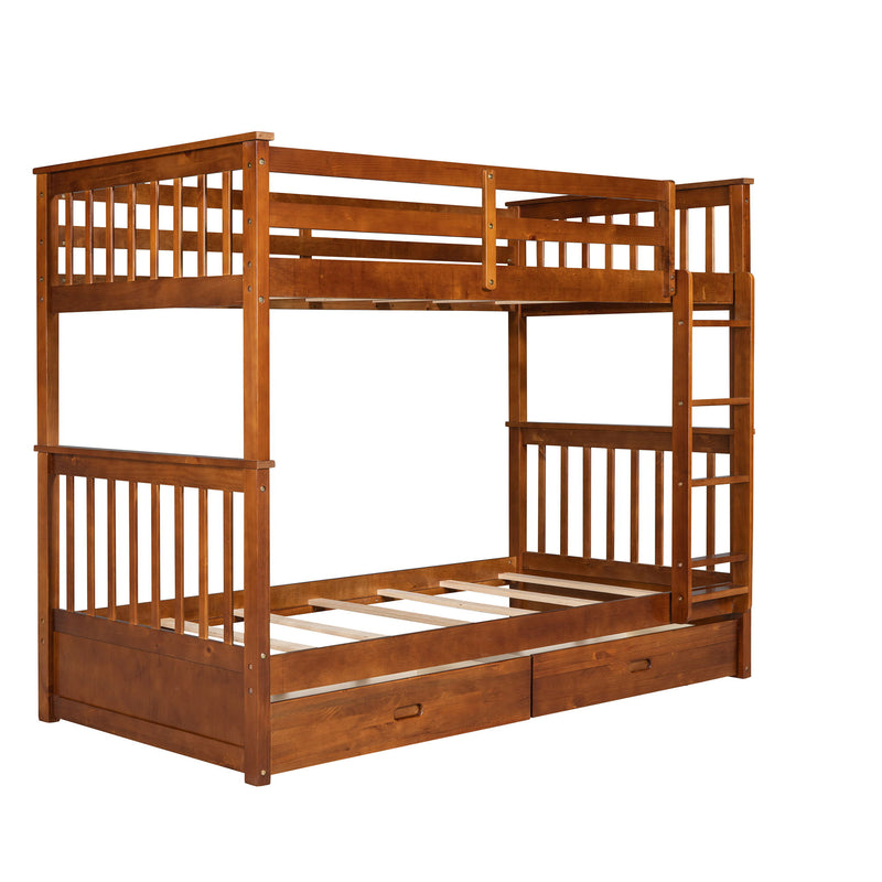Twin-Over-Twin Bunk Bed With Ladders And Two Storage Drawers (Walnut)