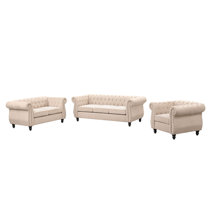 Modern Three Piece Sofa Set With Solid Wood Legs, Button-Down Tufted Backrest, Dutch Velvet Upholstered Sofa Set Including Three-Seater Sofa, Two-Seater And Living Room Furniture Set Single Chair