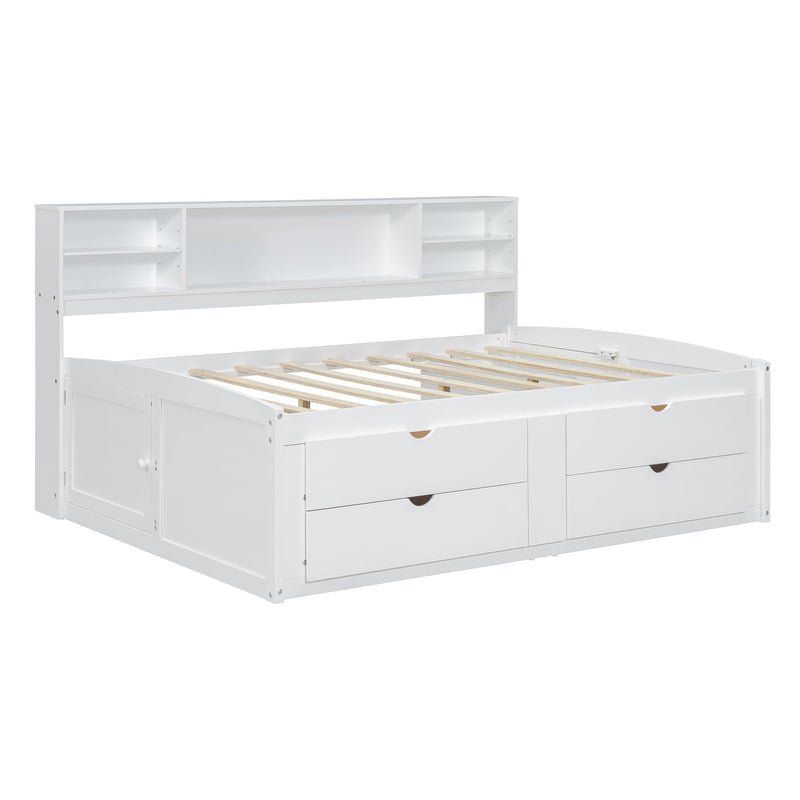 Full Size Wood Daybed With 2 Bedside Cabinets, Upper Shelves And 4 Drawers, White