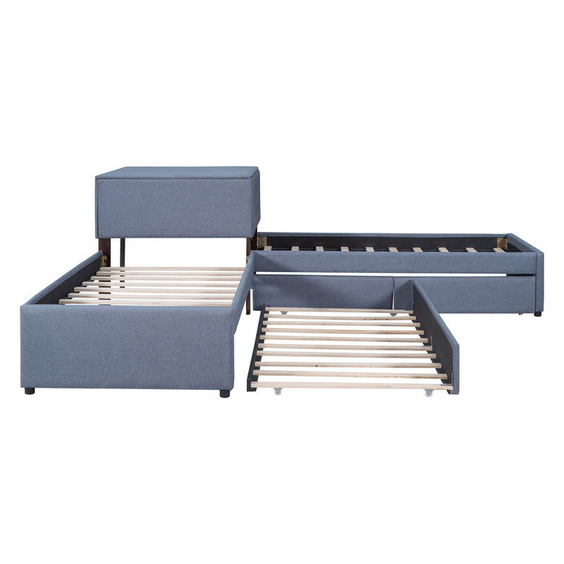 L-Shaped Upholstered Platform Bed With Trundle And Two Drawers Linked With Built-In Desk, Twin, Gray