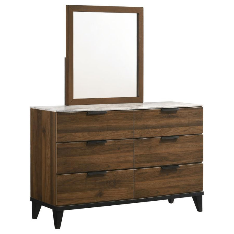 Mays - 6-Drawer Dresser With Mirror With Faux Marble Top - Walnut Brown