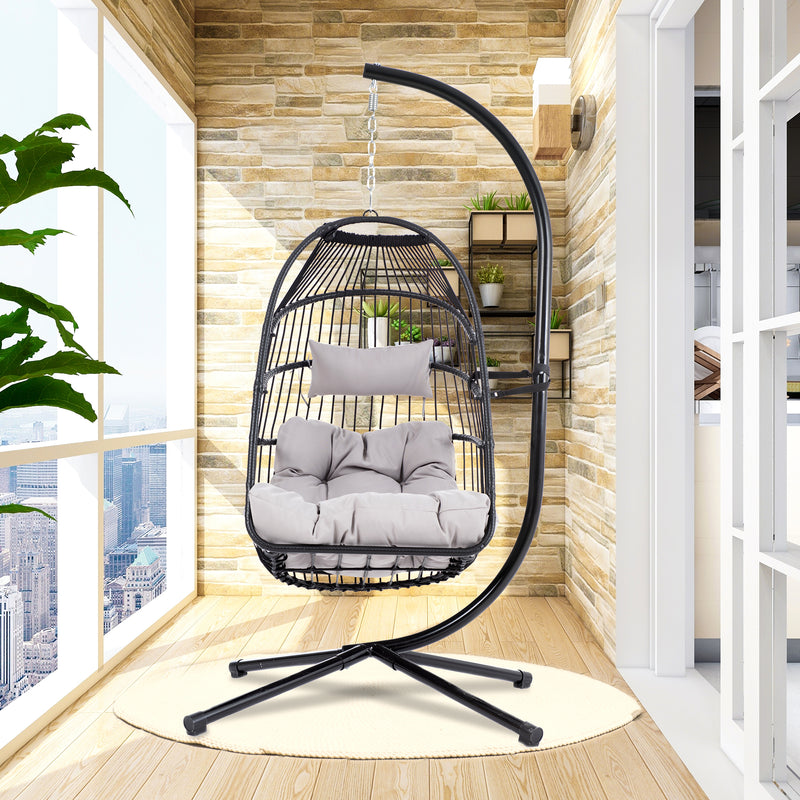 TOPMAX Patio Foldable Swing Chair Porch PE Wicker Egg Hanging Chair Hammock Chair w/Stand and Cushion for Outdoor Balcony Indoor Bedroom, Gray - Atlantic Fine Furniture Inc