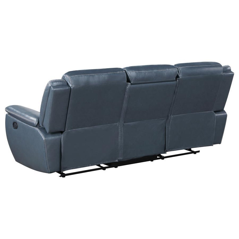 Sloane - Upholstered Motion Reclining Sofa With Drop Down Table - Blue