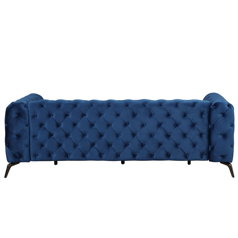 85.5" Velvet Upholstered Sofa With Sturdy Metal Legs, Modern Sofa Couch With Button Tufted Back, 3 Seater Sofa Couch For Living Room, Apartment, Home Office, Blue
