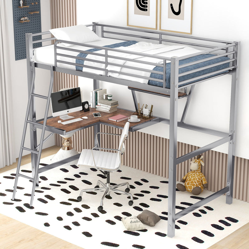 Twin Size Loft Metal & MDF Bed With Desk And Shelf, Silver