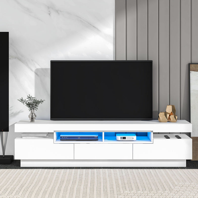 On-Trend TV Stand With 4 Open Shelves, Modern High Gloss Entertainment Center For 75" TV, Universal TV Storage Cabinet With 16 - Color Rgb LED Color Changing Lights, White