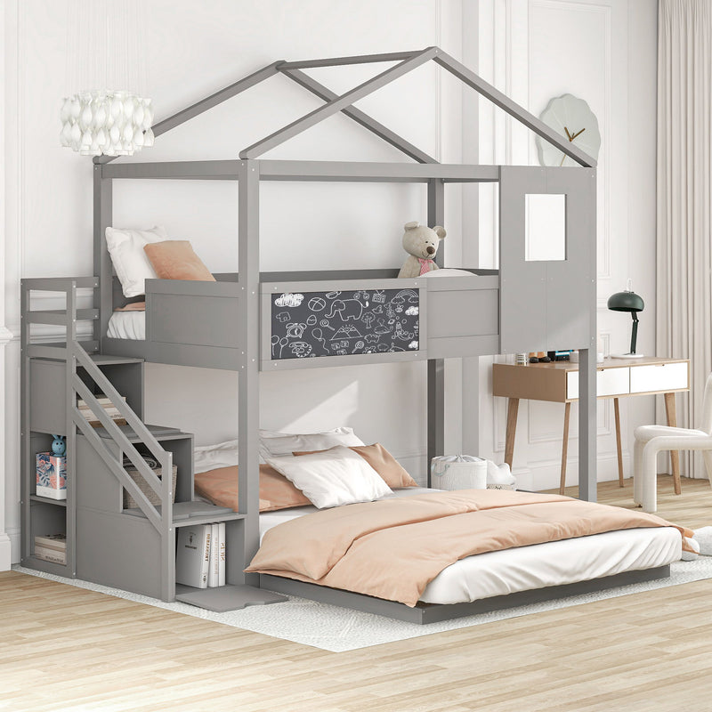 Twin Over Full House Bunk Bed With Storage Staircase And Window - Grey