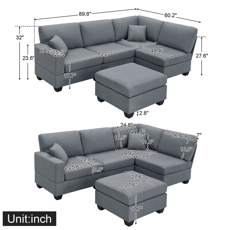 89.8*60.2" Modern Sectional Sofa, 5-Seat Modular Couch Set With Convertible Ottoman, L-Shape Linen Fabric Corner Couch Set With 2 Pillows For Living Room, Apartment, Office
