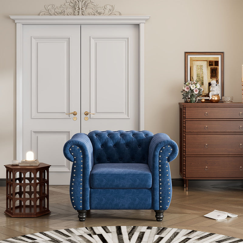 39" Modern Sofa Dutch Plush Upholstered Sofa, Solid Wood Legs, Buttoned Tufted Backrest, Blue