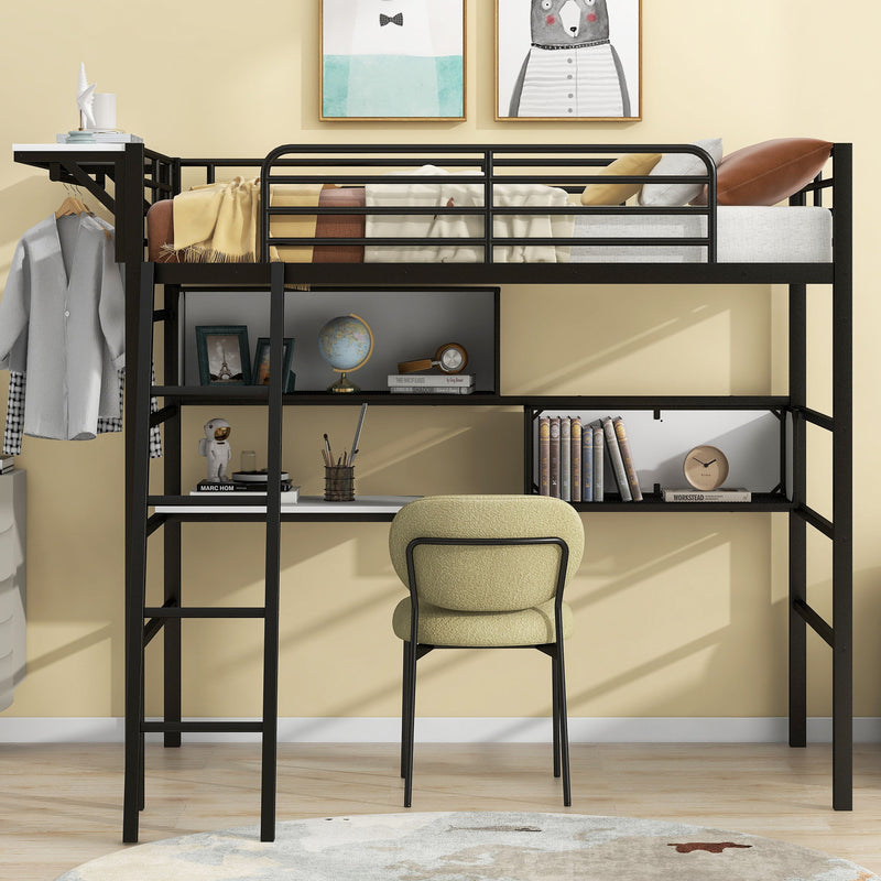 Twin Size Metal Loft Bed With 2 Shelves, A Desk And A Hanging Clothes Rack, Black And White