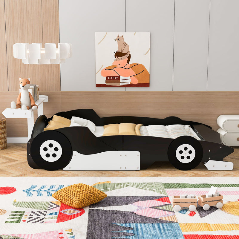 Full Size Race Car-Shaped Platform Bed With Wheels - Black