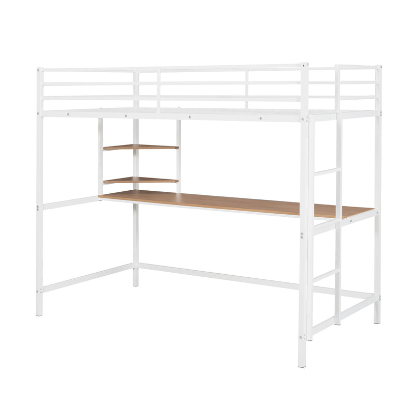 Twin Metal Loft Bed With Desk And Shelve, White