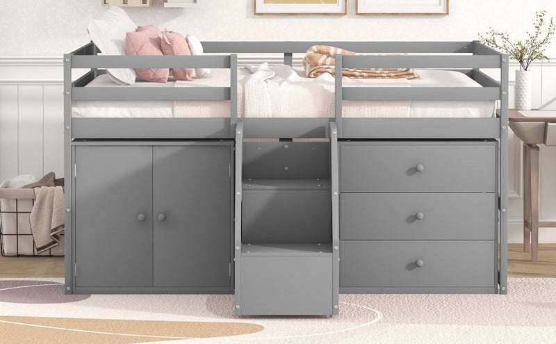 Full Size Functional Loft Bed With Cabinets And Drawers, Hanging Clothes At The Back Of The Staircase, Gray